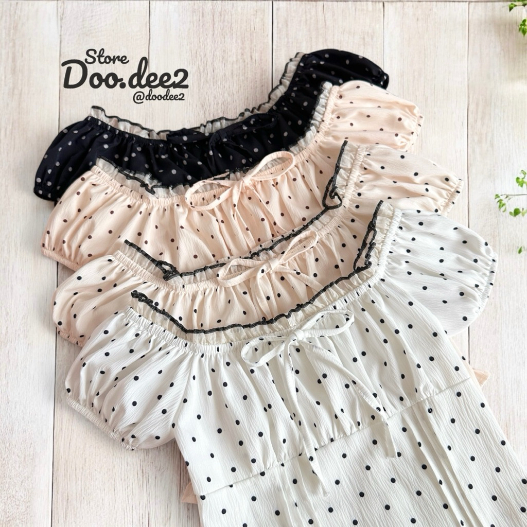 ♦️DOODEE2♦️เสื้อแขนตุ๊กตาจับจีบหน้า ลายจุด (แถมยางมัดผม)