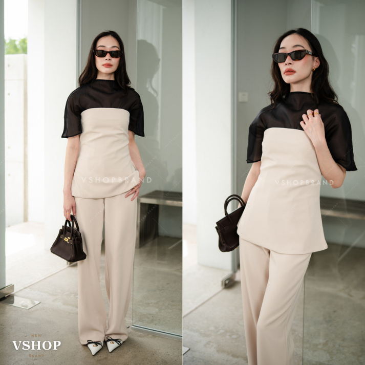 พร้อมส่ง Set 3 ชิ้น เกาะอกผ้าพื้น+เสื้อซีทรูแขนสั้น+กก.ขายาว งานป้ายvshopbrand