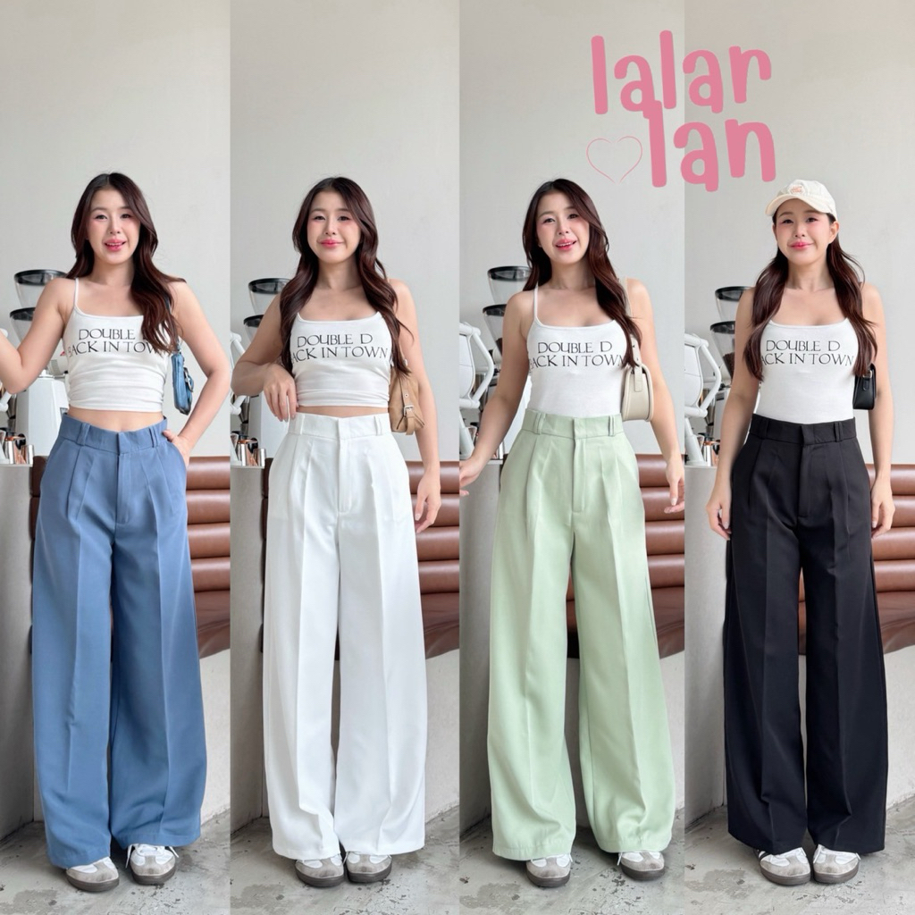 กางเกงขายาวทรงกระบอกใหญ่หูเข็มขัดคู่เอวสูง jelly pants ผ้าพริ้วใส่สบาย ใส่แล้วขายาว - กางเกงผู้หญิงแฟชั่นสไตล์เกาหลี