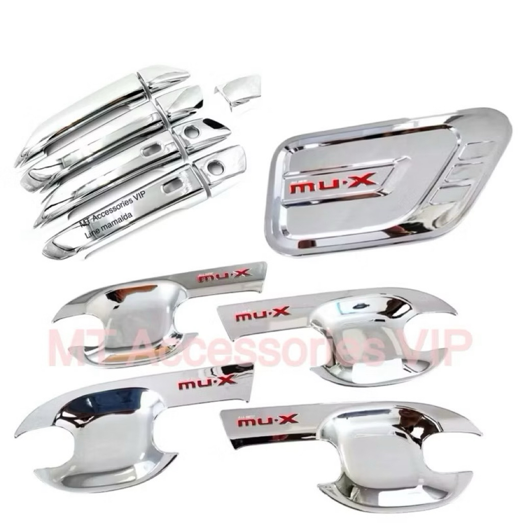 mux 2021-2025 เบ้ากันรอย ครอบมือจับ ครอบฝาถังน้ำมัน MUX สีโครเมี่ยมโลโก้แดง