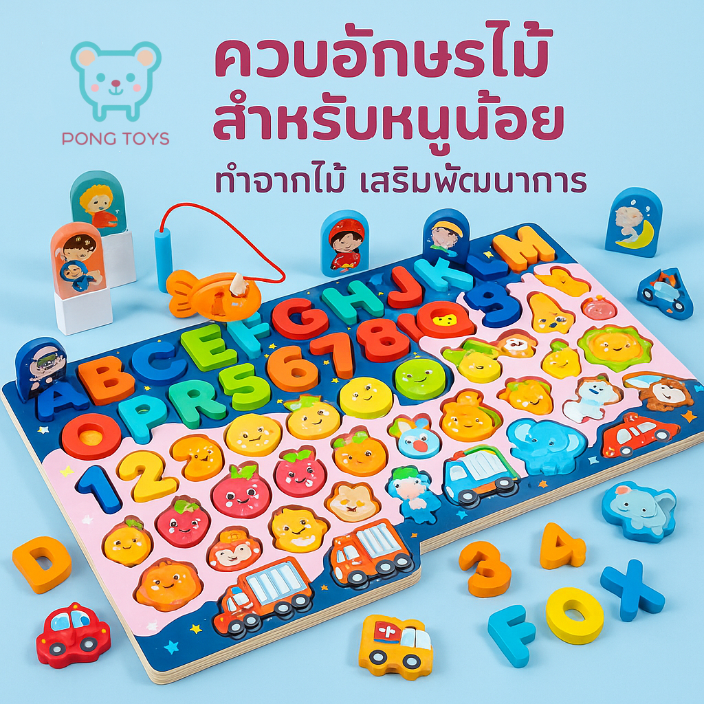 Pong Toys ของเล่นไม้ 7in1 กระดานเสริมพัฒนาการเด็ก - ตกปลา + นับเลข + รู้จักรูปทรง + ตัวอักษร + ผลไม้