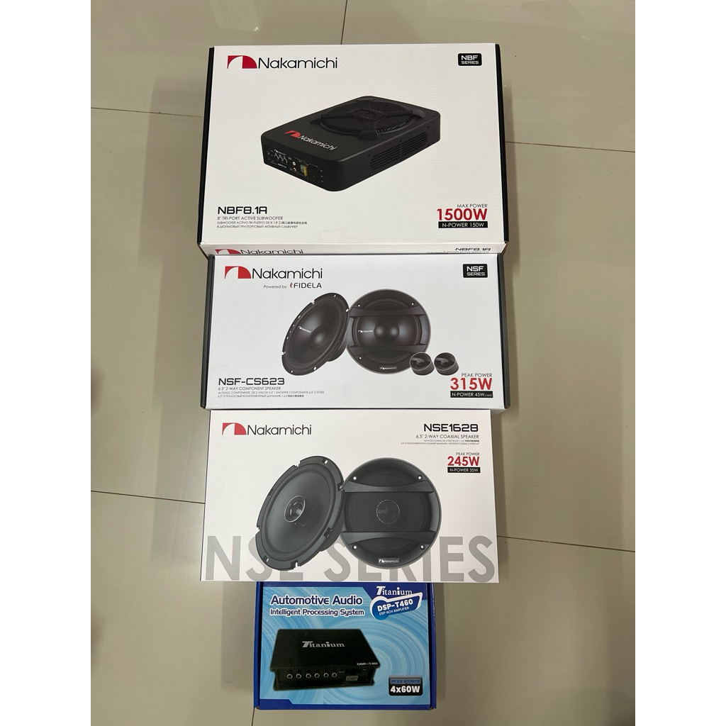 ชุดละ 8450บาท 8“ Subbox  1ตัว DSP TITANIUM 1ตัว 6.5”แยกชิ้น 1คู่ 6.5“ แกนร่วม 1คู่ ลำโพงติดรถยนต์ ยี