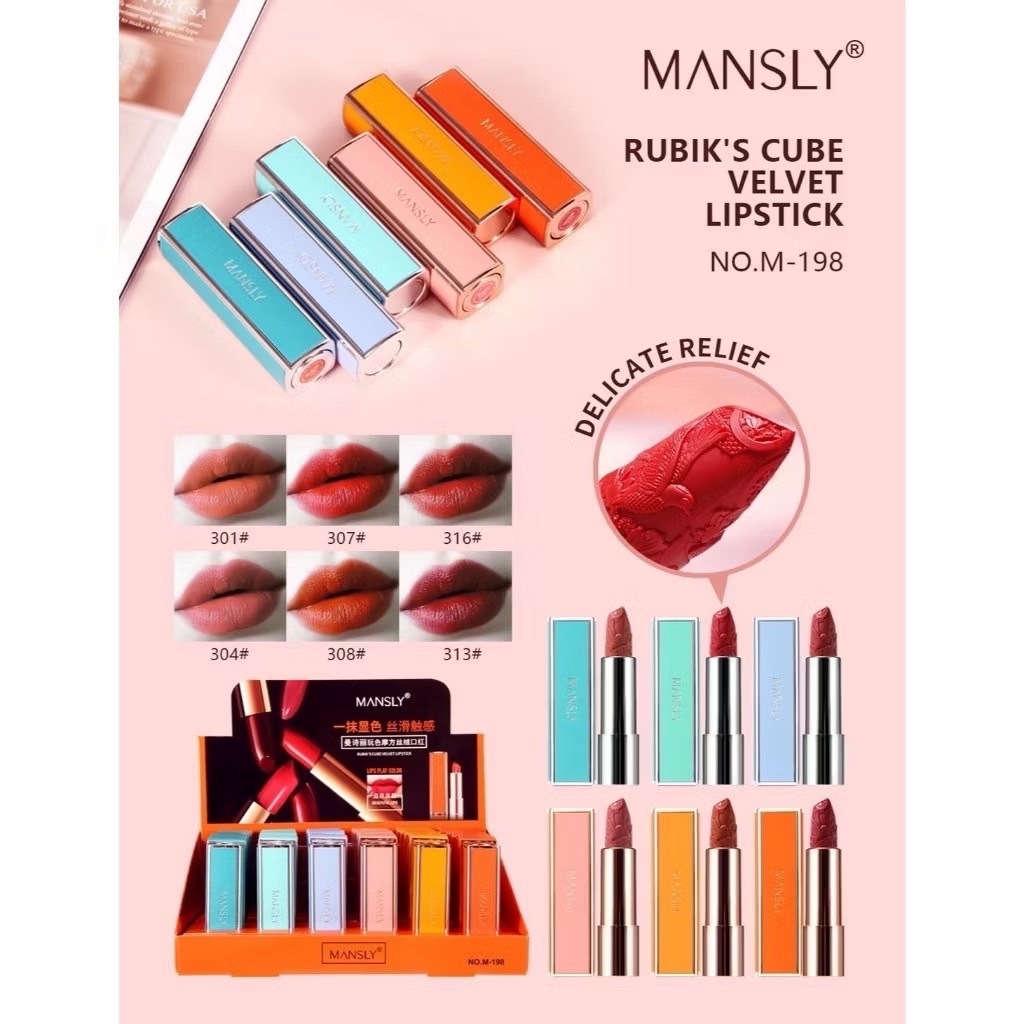 M-198 MANSLY Rubic Cube Velvet Lipstick ลิปสติกเนื้อเวลเวทแมทต์ สีสวย เนื้อลิปสติกลายสวยหรู butt9582