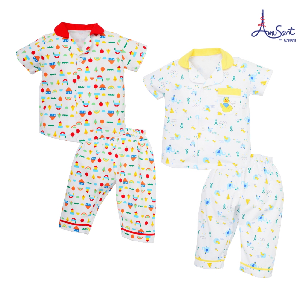 Amusantชุดนอนแขนสั้นคอปก ลายบล็อคไม้ตัวต่อน่ารักๆ EH1K69,EH1K78