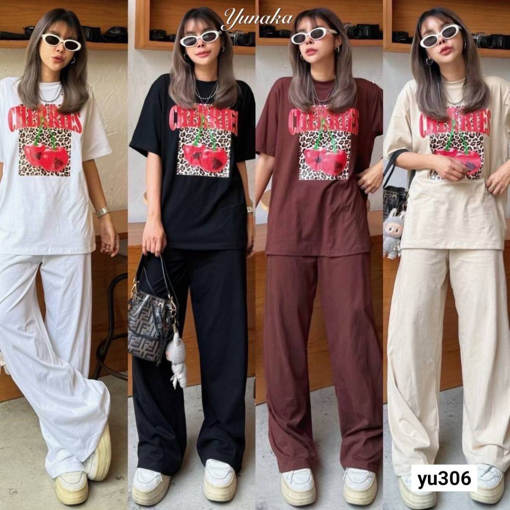 เซทเสื้อยืดคอกลมแขนสั้น ทรง Oversize สกรีนลายช่วงอก มาพร้อมกับกางเกงขายาว ทรงกระบอกใหญ่ ชุดเซ็ท