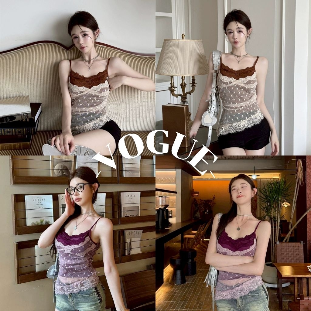 Vogue🌟พร้อมส่ง🌟 เสื้อสายเดี่ยว ลายลูกไม้ น้ำตาลม่วง  มีฟองน้ำ ทรงรัดพอดี (FY1956)
