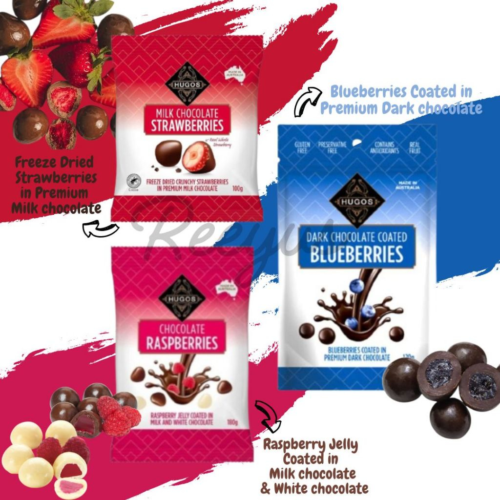 HUGOS Chocolate ช็อกโกแลตเคลือบผลไม้ และเยลลี่ผลไม้ นํ้าหนัก 100 - 180 กรัม มี 3 รสชาติ จากออสเตรเลีย