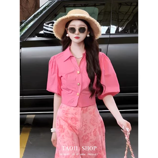 🌵Grace_chili🌵 เสื้อคอวีแขนพอง เสื้อเชิ้ตผู้หญิง ทรงสั้น Retro style เหมาะกับใส่เที่ยวพักผ่อน W626