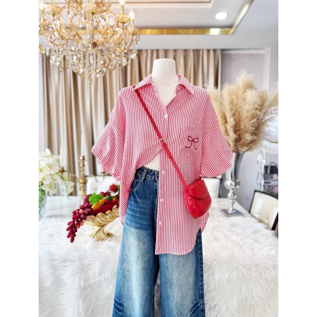 Z21.เสื้อเชิ้ตโอเวอร์ไซส์ แขนบอลลูน ปักเป๋าโบว์ผ้าใส่สบาย อก50”