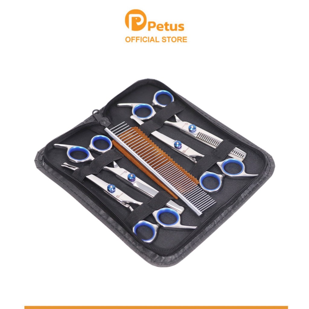 Petus กรรไกรตัดขนสัตว์เลี้ยง ชุดกรรไกรตัดขนสุนัข 7in1 สำหรับตัดขนสุนัขและแมว pet scissors