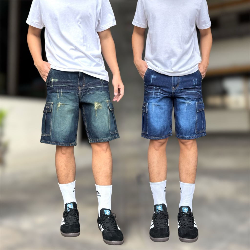 กางเกงยีนส์คาร์โก้ขาสั้น 6 กระเป๋า แต่งขาดป้ายLive more jeans