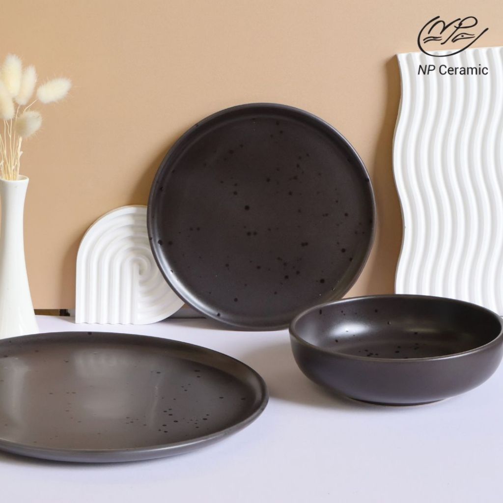 [ลดสูงสุด 80%] NP Ceramic จานเซรามิค ถ้วยชาม สีดำด้านสลัดเม็ด