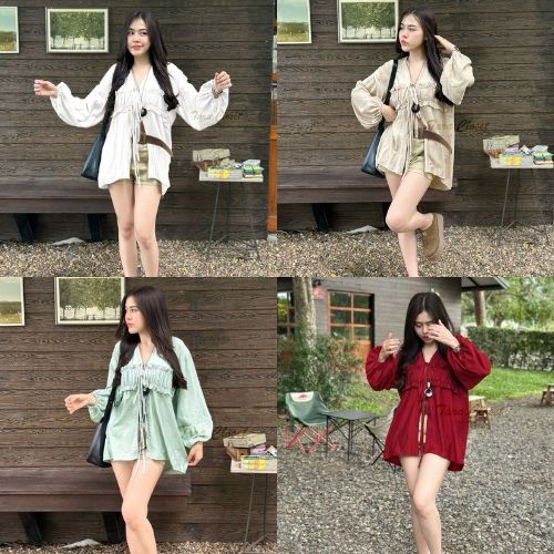 MR021 TARA Blouse เสื้อแขนยาว ผูกหน้า ทรงโอเวอร์ไซส์ แต่งระบายหน้าอก ปลายแขนจั๊ม เนื้อผ้าคอตตอนอย่างดี ใส่สบาย ไม่ร้อน