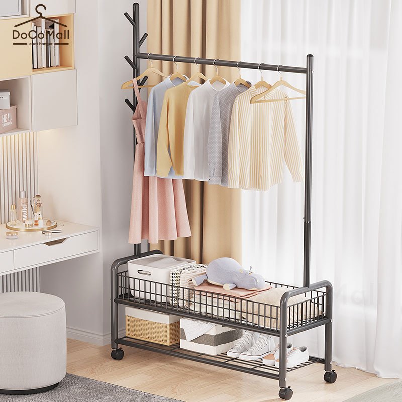 [แขวนผ้า + ชั้นวางของ] ราวแขวนผ้า มีตะขอ พร้อมเสาแขวนกระเป๋าได้ มีล้อเลื่อน โครงเหล็ก เเข็งเเรง ง่ายต่อการเคลื่อนย้าย