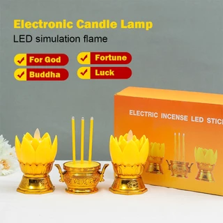 ชุดธูปเทียนไฟฟ้า LED กระถางธูปไฟฟ้า เชิงเทียนอิเล็กทรอนิกส์ เทียนปลอมใส่ถ่าน เทียนดอกบัวเหลือง บูชาพระ ครบเซ็ท
