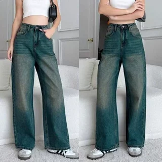 📌919JEANS📌ฟอกสนิม ทรงสวย ทรงขากระบอก สายฝอ กางเกงยีนส์ เอวสูงกระบอกตรง