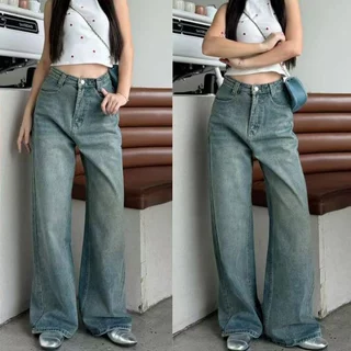 📌919JEANS📌ฟอกสนิม ทรงสวย ทรงขากระบอก สายฝอ กางเกงยีนส์ เอวสูงกระบอกตรง