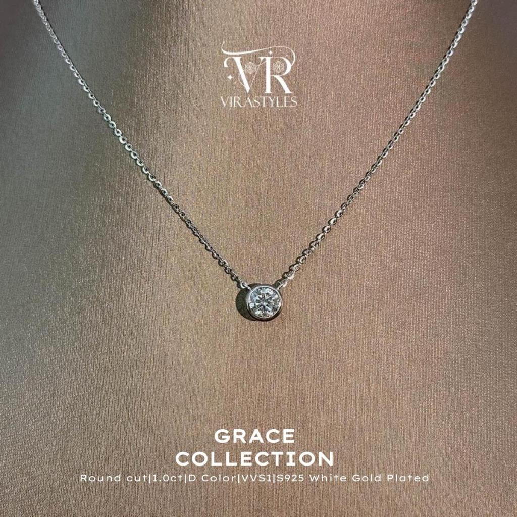 VRS.สร้อยคอ สร้อยคอเงิน92.5 ชุบทองคำขาว พร้อมจี้เม็ดเดี่ยวน้ำหนัก1.0 กะรัต Collection Grace Necklace