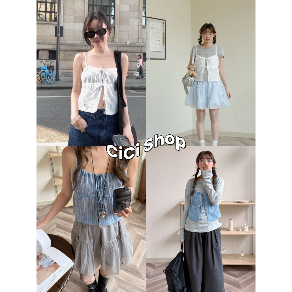 Cicishop(Y6329) เสื้อสายเดี่ยวผูกหน้า เชือกรูดได้ สายปรับได้ สไตล์สาวคาเฟ่มินิมอล