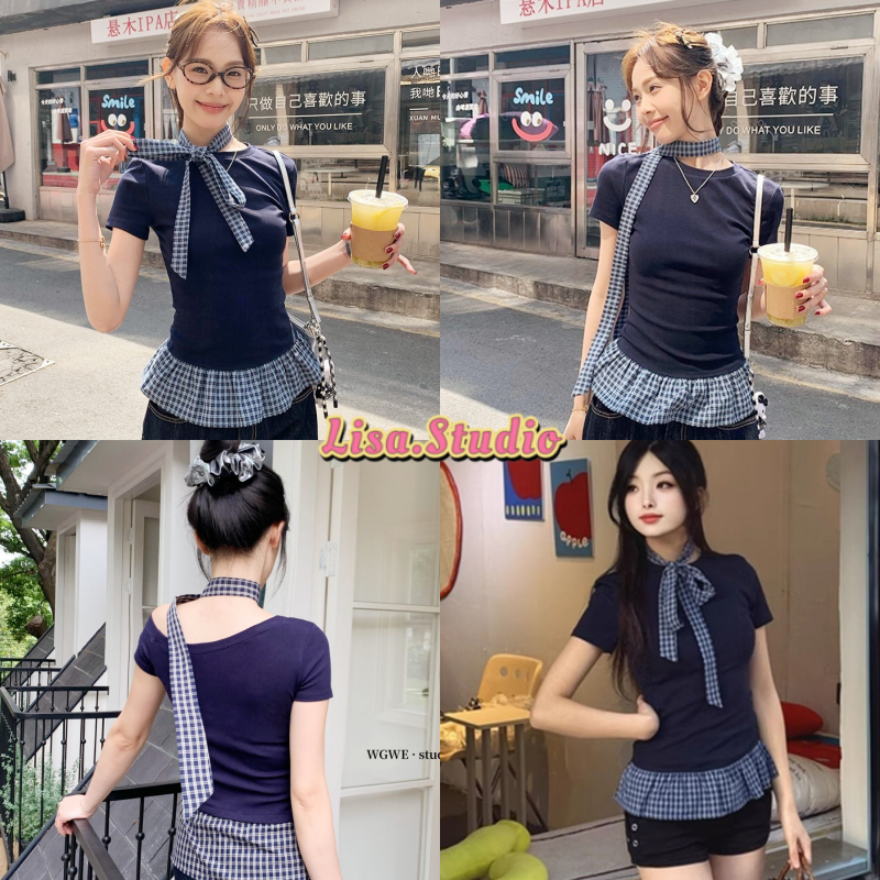 Lisa พร้อมส่ง🫐เสื้อยืนแขนสั้นสีนำ้เงิน ดีเทลเย็บชายระบายสายสก๊อตแถมโช้คเกอร์  ผ้าเรยอน สไตล์เกาหลีสำหรับผู้หญิง CropTop