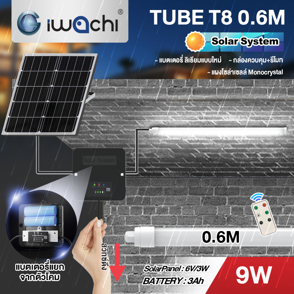 ชุดหลอดT8โซล่าเซลล์ system IWC-TUBE-SOLAR-SYSTEM-T8-0.6M-9W-WH