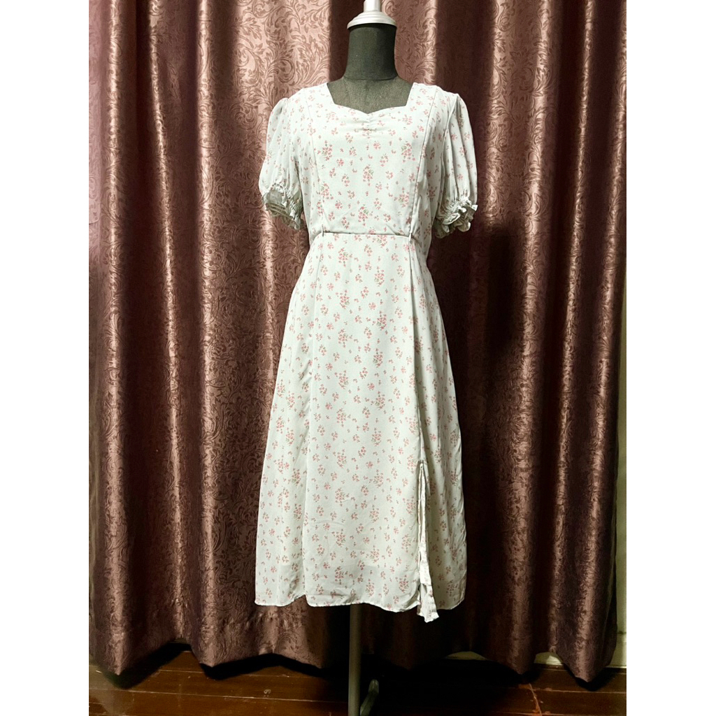 มือสอง (ให้นมได้ ) Mamong เดรสผ้าชีฟองให้นมทรงยาวลายพิมพ์ดอกไม้สีฟ้า ND006MM