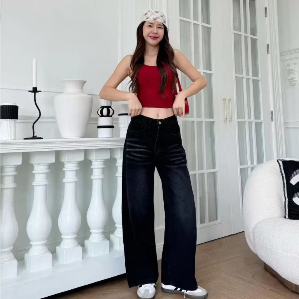 กางเกงยีนส์เอวสูง สี Grey black ป้าย Berlin star ไซส์ M ทรงลิซ่ากระบอกใหญ่ ทรงสวย ใส่สบาย ใส่ได้ทุกล