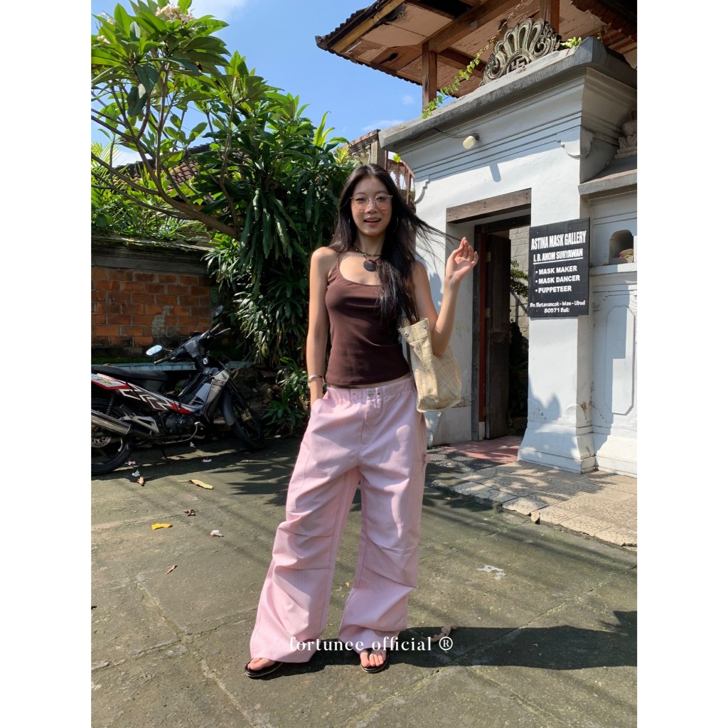 ❣Fortunee ❣ กางเกงคาร์โก้ขากว้างลายทางสีชมพูสไตล์อเมริกันวิเทจ ดีไซน์ลำลอง มาพร้อมกระเป๋าหลายช่อง