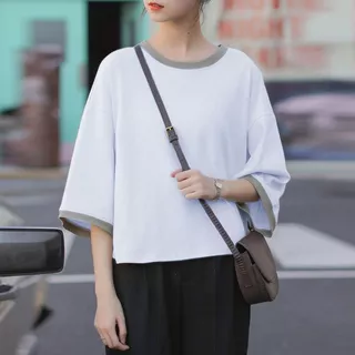 เสื้อครอปสาวอวบอ้วนไซส์ใหญ่ สีพื้น oversize เสื้อผ้าแฟชั่นวัยรุ่นน่ารัก เสื้อยืดสวยๆผู้หญิงฤดูร้อนใหม่ แขนห้าส่วน สีทู