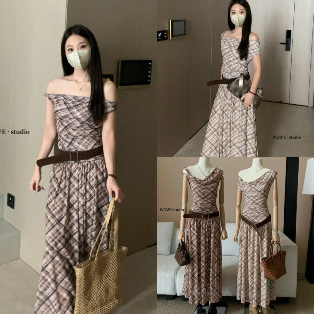 6398# เดรสแขนกุดคอถ่วง ลายสกอต มีซับใน ทรงสวย + เข็มขัด  TAG:WG.WE 🇰🇷