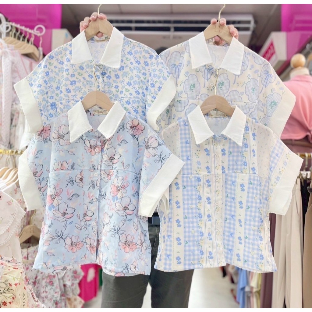 ป้าย Lilly เสื้อผ้าครัชพิมพ์ลายแขนเบิ้ลแต่งกระเป๋ายาว 2 ข้าง อก 42 นิ้ว ยาว 19 นิ้ว