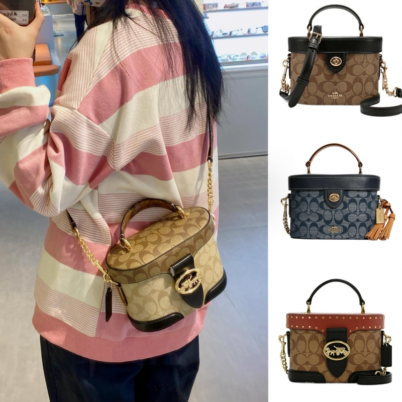 【ของแท้ 100%】COACH KAY 20 Box Bag✨กระเป๋าเครื่องสำอางลายดอกเก่า กระเป๋าถือ สายปรับระดับได้