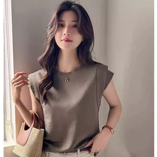 เสื้อแขนกุดผู้หญิงทำงาน สีพื้น oversize เสื้อผ้าสาวอวบน่ารัก เสื้อยืดแฟชั่นมาใหม่สวยๆ ลําลองทรงหลวมสไตล์เกาหลีแขนสองชั้น