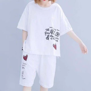 Swan shop ชุดเซ็ตลำลองผู้หญิง เสื้อยืด+กางเกงขาสั้น ลายตัวอักษรพร้อมรูปหัวใจ ใส่สบาย
