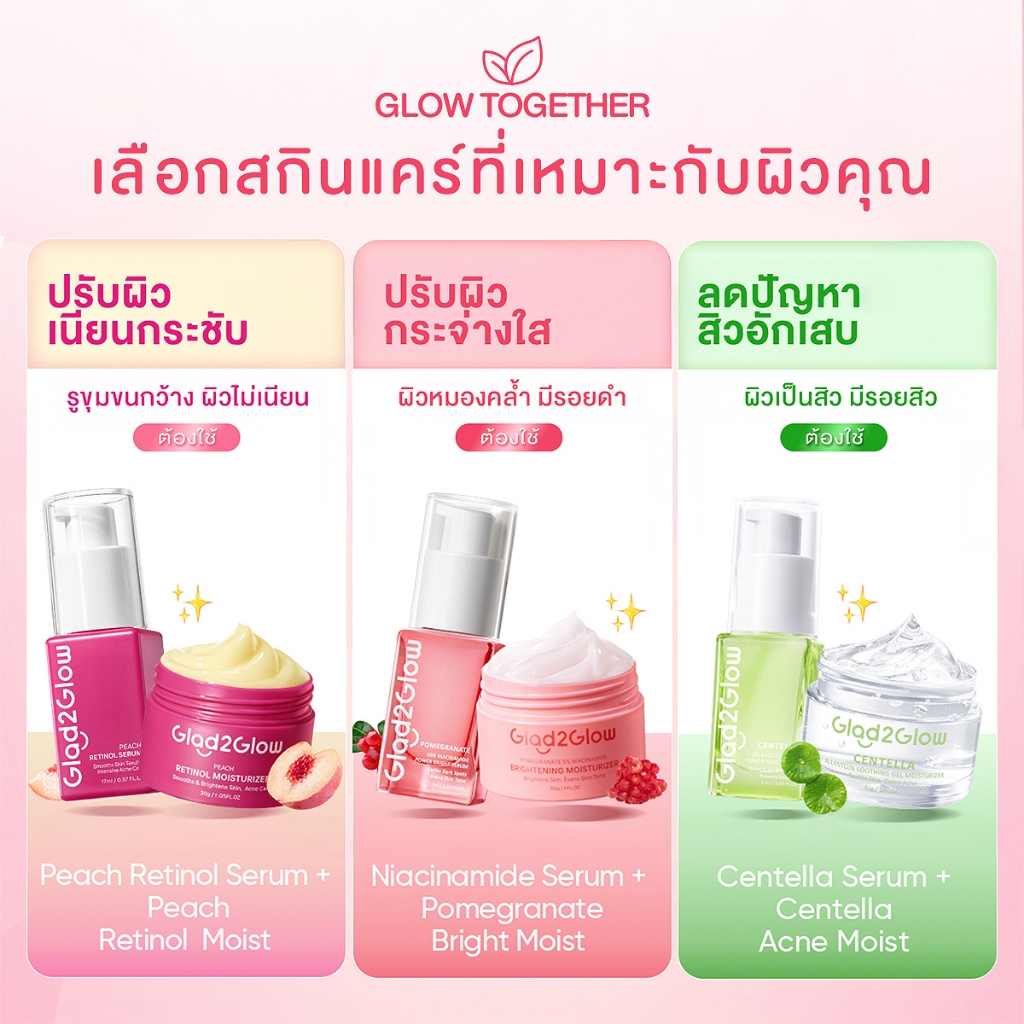 【2 ชิ้น】Glad2Glow Moisturizer มอยเจอร์ไรเซอร์ ครีมทาผิว Serum ไนอาซินาไมด์ เซรั่มปรับผิวใส（ลดรอยดำ รอยแดง สูตรอ่อนโยน）