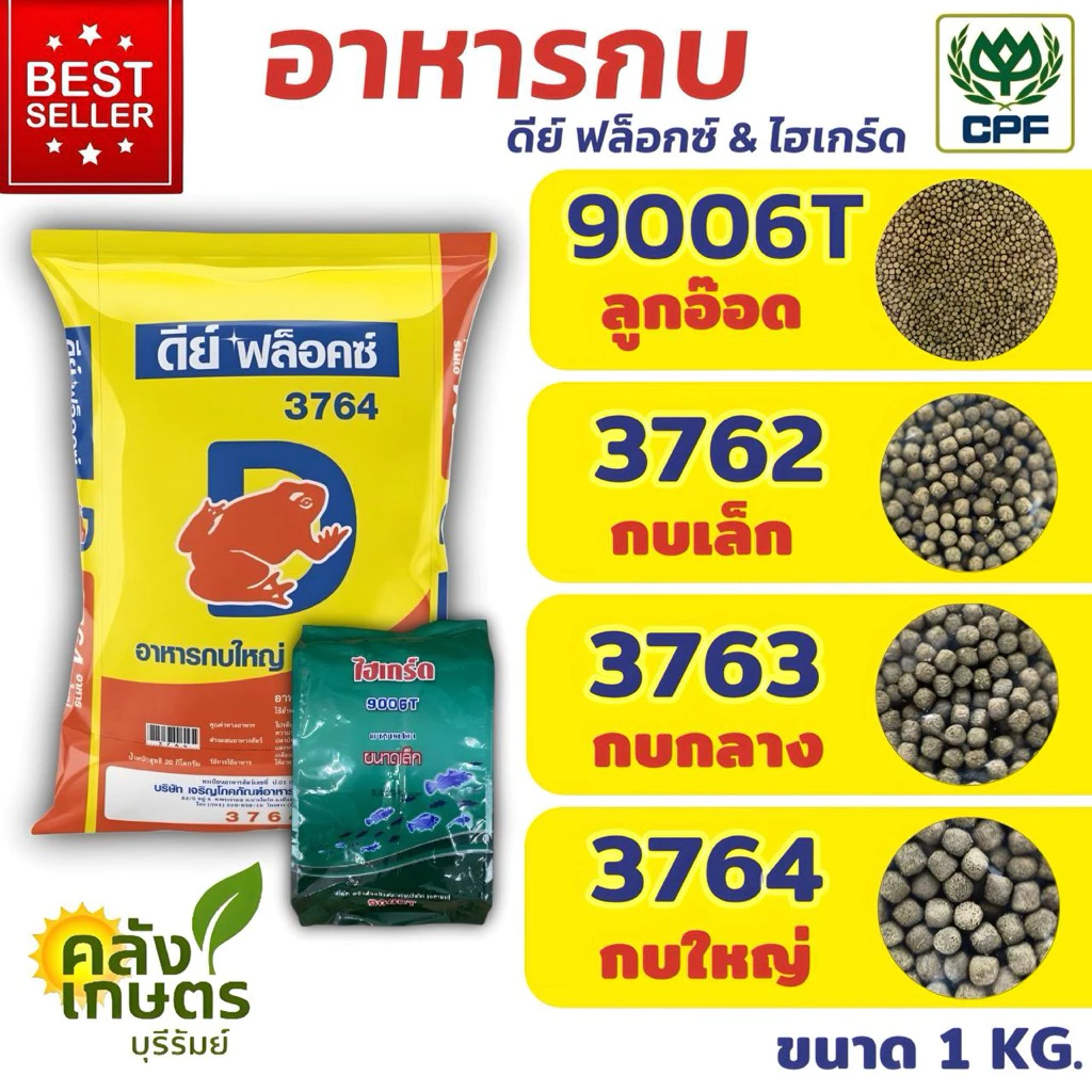 อาหารกบซีพี ลูกอ๊อด กบเล็ก กบกลาง กบใหญ่ CPดีย์ฟล็อกซ์ ไฮเกร์ด บรรจุ 800g.และ 5KG. กบโตไวมั่นใจซีพี