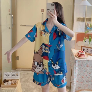 ชุดนอนคอปก ชุดนอนผู้หญิง แขนสั้นขาสั้น ผ้าไม่บาง การ์ตูน น่ารัก ML