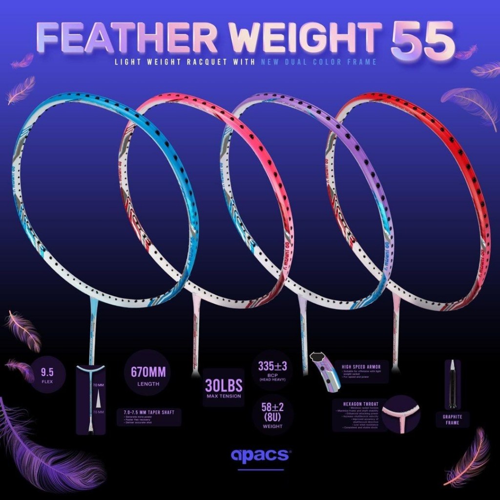 APACS RACKET FEATHER WEIGHT 55 HEAD HEAVY ( FREE Stringing+Grip )