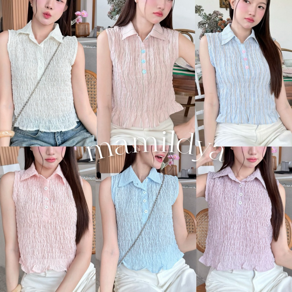 Mamildya.shop  เสื้อคอปกแขนกุด แต่งระบายลูกไม้ กระดุมดอกไม้/ Q2-4/KHUN-กุดย่น