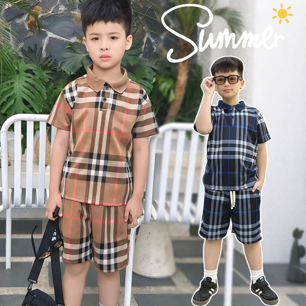 Beryl kids🌸ชุดเซ็ทเด็กชาย🎀ชุดสูทแขนสั้นเด็กฤดูร้อน เสื้อโปโลลายสก๊อตและกางเกงขาสั้น ลำลองสองชิ้น หล่อเท่ห์สุดแฟชั่น