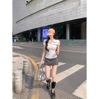 ส่งไวจากไทย เสื้อครอปคอปก มีกระดุมใช้งานได้แมทง่าย กระดุมหน้า ใส่บาย UMISO