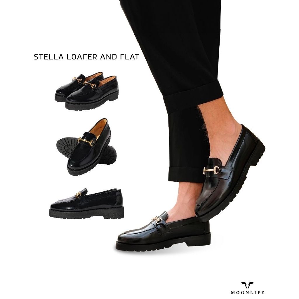 Moonlife Stella Loafer and Flats +5cm. รองเท้าหนังแท้สีดำ ทรงโลฟเฟอร์ อะไหล่ทอง