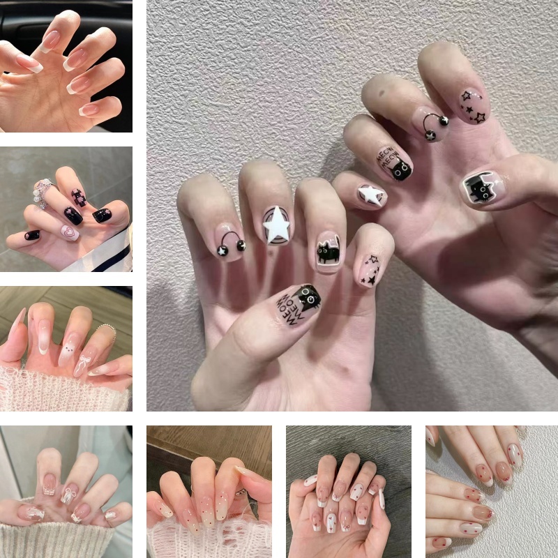 เล็บเจล ใหม่ แบบยาว หลายสไตล์ เล็บปลอม ศิลปะฝรั่งเศส 24 ชิ้น