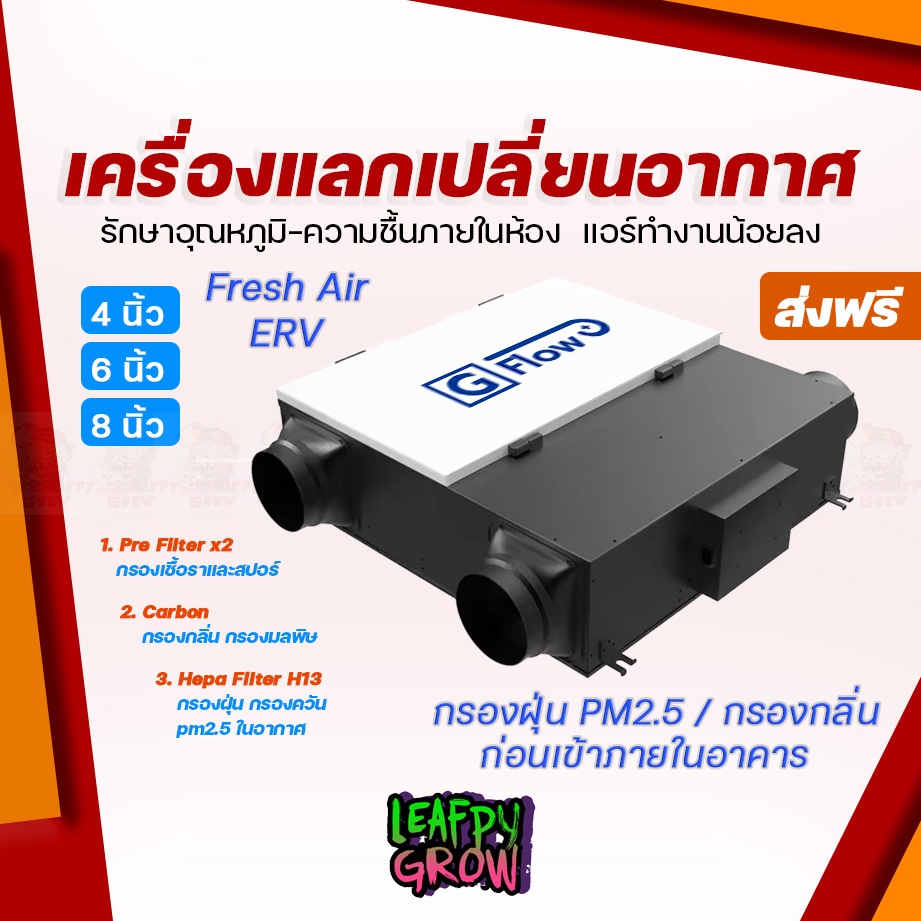 [ส่งฟรี]เครื่องแลกเปลี่ยนอากาศ G Flow ERV 4นิ้ว,6นิ้ว,8นิ้ว เติมอากาศบริสุทธิ์เข้าบ้าน ฟอกอากาศ รักษ