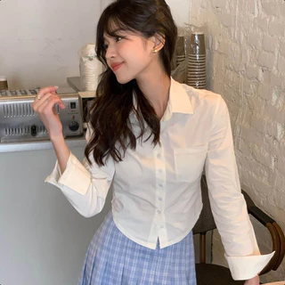 S-2XL เสื้อเชิ้ตแขนยาว เว้าเอว งานรัดรูป เสื้อแฟชั่นเกาหลี ผ้าคัตตอล