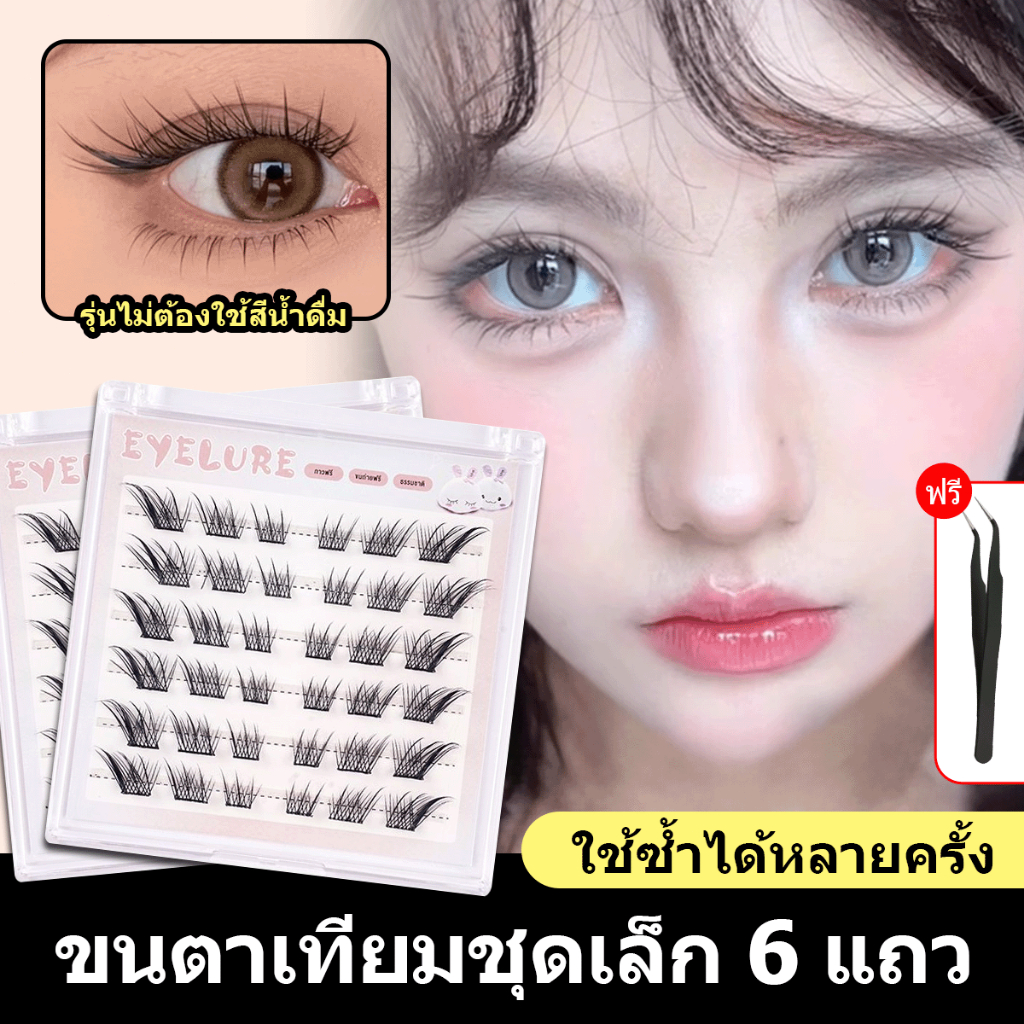 【จัดส่งจากไทย】ขนตาปลอมแบบช่อมีกาวในตัว 6 แถว ความงอนแบบ D curl เสกดวงตาให้ดูกลมโตอย่างธรรมชาติ แหนบฟรี