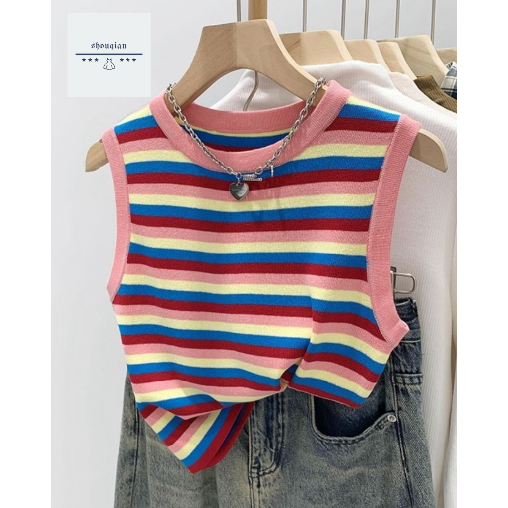 พร้อมส่งในไทย** เสื้อแขนกุดไหมพรม ลายทาง เสื้อสำหรับผู้หญิง ผ้าไหมพรมนิ่ม Y219