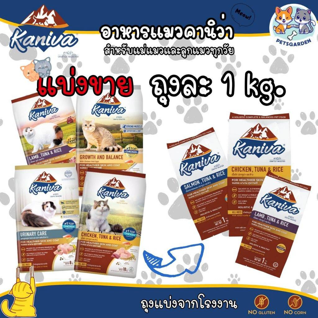 Kaniva คานิว่า อาหารแมว ขนาด 1 กิโล สำหรับแมวทุกช่วงวัย โซเดียมต่ำ ไม่เค็ม ถุงแบ่งจากโรงงาน