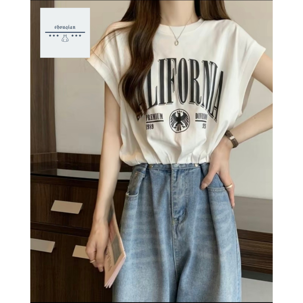 พร้อมส่งในไทย**เสื้อยืดเอวจั๊มยางยืด เสื้อแขนสั้น ผ้าโพลี สกรีนลายด้านหน้า Y159