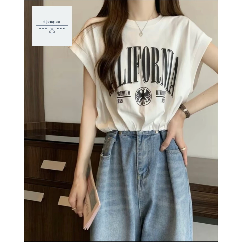 พร้อมส่งในไทย**เสื้อยืดเอวจั๊มยางยืด เสื้อแขนสั้น ผ้าโพลี สกรีนลายด้านหน้า Y159